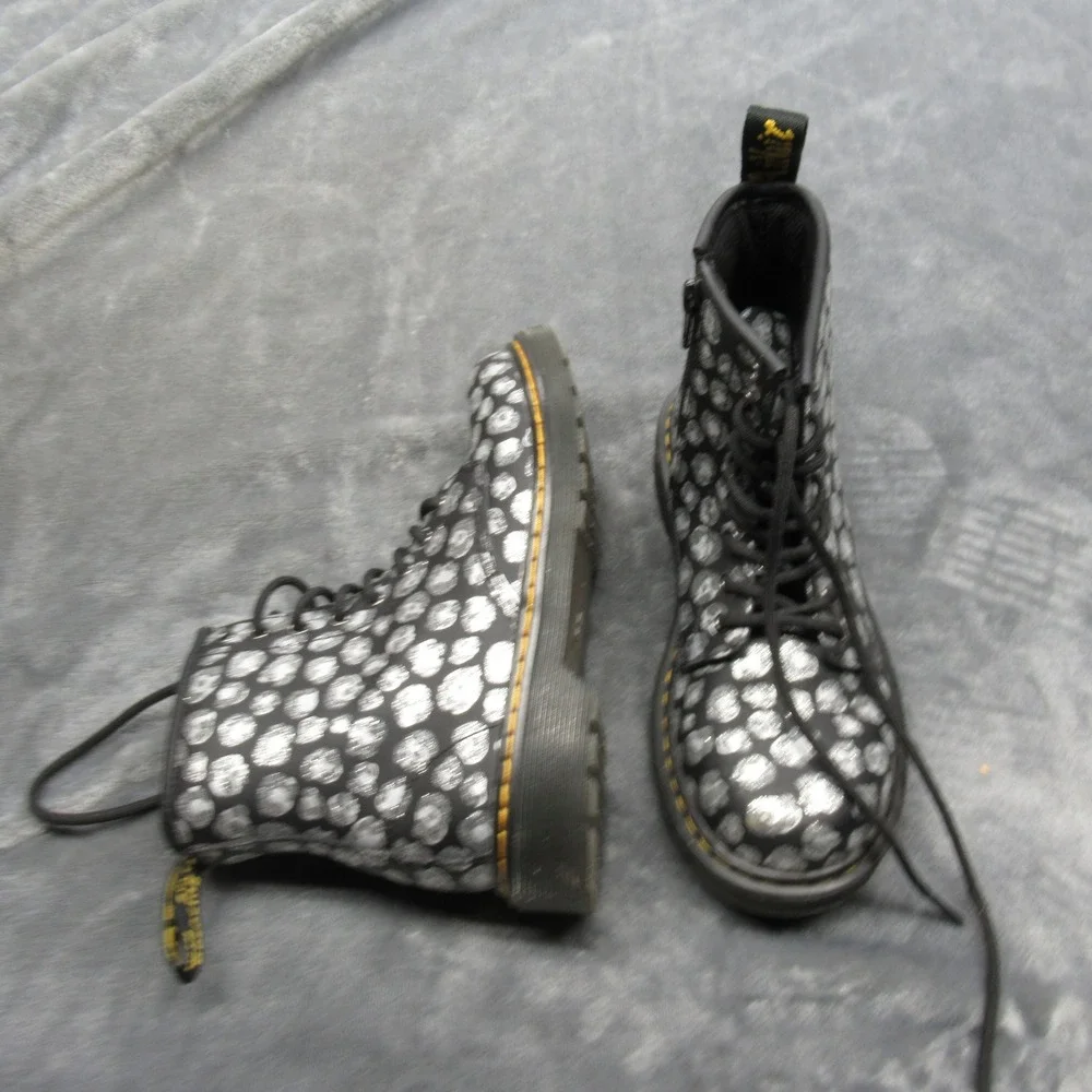 Dr. Martens Boots Youth 2 Silver Metallic Leopard Print Leather Side Zip Lace-Up
